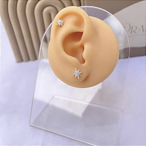 Conjunto de Prata Estrela 8 Pontas Brincos + Piercing