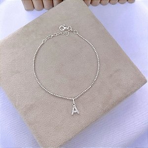 Pulseira de Prata Bolinha com Inicial Cravejada