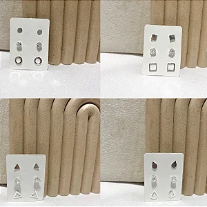 Trio de Brincos Geométricos Com Ponto de Luz Prata 925