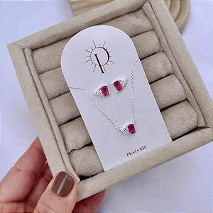 Conjunto ou Avulso Colar e Brincos Pedra Rosa Pink Prata 925