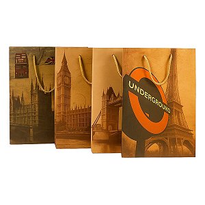 Kit 12 Sacolas de Presente Kraft sortido Viagem 36x27x9cm