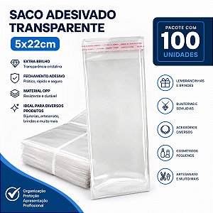 100 unidades Saco Adesivado Transparente sem solapa 5x22 cm