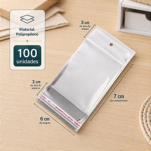 100 Unidades saco Plástico Adesivado com Solapa 6x7 cm