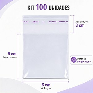 100 Unidades saco Plástico Adesivado sem Solapa 5x5 cm