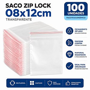 Saco Zip Lock 08x12cm 100 unidades Transparente Zip Lock