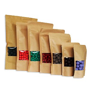 50 Unidades Saco Standup Hermético 16x26 cm Kraft Fecho Zip