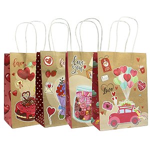 Kit 12 Sacolas de Presente Kraft Love Story 25x18x9cm
