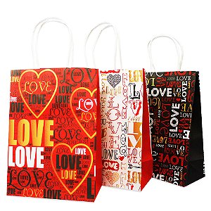 Kit com 12 Sacolas de Papel Modelo Love Sortidas Tam, 21x15 cm