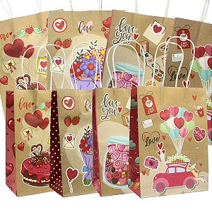 Kit 12 Sacolas de Presente Kraft Love Story 21x15x8cm