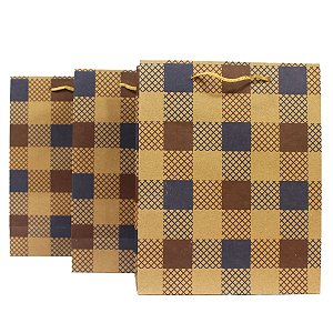 Kit 12 Unidade Sacolas Kraft 24x19x8cm Quadriculado