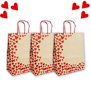 Sacola Kraft Tam. 31,5x23,5x10 Estampada Coração 10 pçs