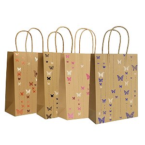 Kit 12 Sacola de presente Kraft 25x18x9cm Borboleta sortido