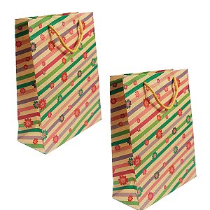 Kit 12 Unidade Sacolas Kraft 24,5x19x8 Faixas Floridas