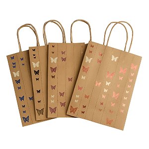Kit 12 Sacola de presente Kraft 21x15x8cm Borboleta sortido