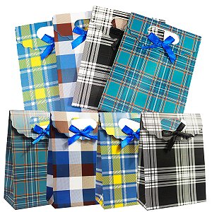 Kit com 12 Sacolas de Papel Kraft Estampa Xadrez 27x19x9cm