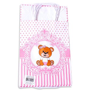 kit 10 Sacola Kraft de Presente Urso Rosa 21,5x17,5x8,5 cm