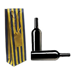 Sacolas Para Presente Garrafa de Vinho Premium Listras Marinho c/ Ouro Tam 35x11x8cm Pacote com 10 unidades