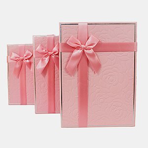 Kit 3 Caixa Para Presente Retangular Rosa Com Fio Dourado