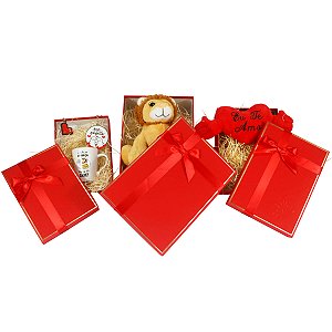 Kit 3 Caixa Para Presente Retangular Vermelha Com Fio Dourado