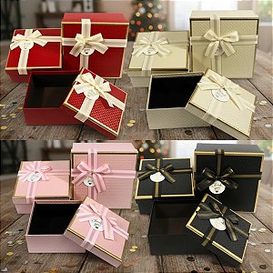 Kit 3 Peças Caixa de Presente com Fita e Laço Decorativo Papel Rígido
