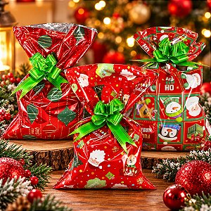 Kit 50 Sacos de presentes Laminado Natal 30x44 cm