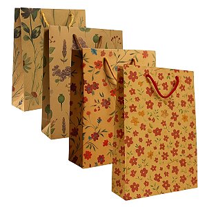 Kit 12 Sacolas de Presente Kraft Floral Sortidas 24x18x7cm