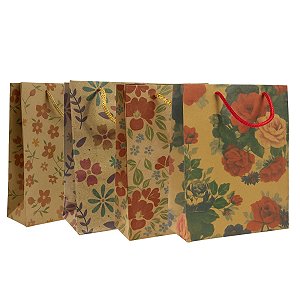Kit 12 Sacolas de Presente Kraft Floral Sortidas 14x11x5cm