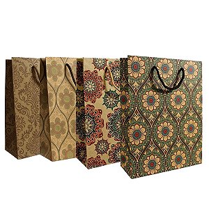 Kit 12 Sacolas Kraft Mandala Sortidas 36x27x9cm Presente