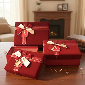 Kit 3 Caixas de Presente de Luxo com Tampa Aveludada e Laço