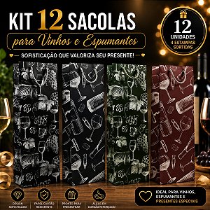 12 Sacolas para Garrafa de Vinho Elegante 11x9x36cm