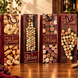 12 Sacola para Garrafa de Vinho Estampa de Rolhas 11x9x36cm