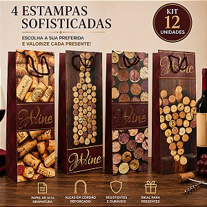 12 Sacola para Garrafa de Vinho Estampa de Rolhas 11x9x36cm