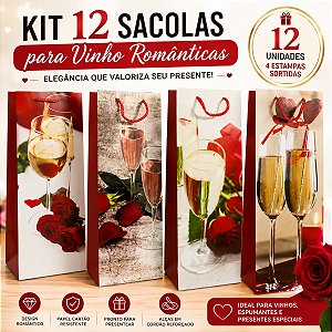 Kit 12 Sacolas para Vinho Românticas 12x36x9cm Presente Luxo