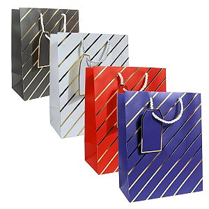 Kit 12 Sacolas de papel Listras Dourada 23x18x10cm