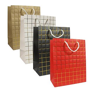 Kit 12 Sacolas de papel de Luxo Quadriculada 23x18x10cm