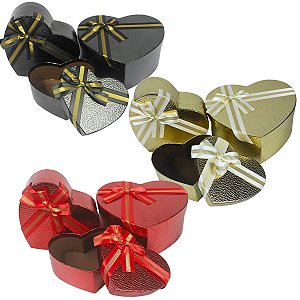 Kit 3 caixas para presente Formato Coração de luxo com laço