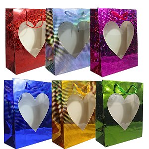 12 Sacola de Presente com Visor Coração 32x26x11cm sortido