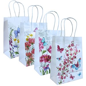 Kit 12 Sacolas de Papel para Presente tema Floral 19x9x26cm