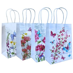 Kit 12 Sacolas de Papel para Presente tema Floral 32x26x12cm