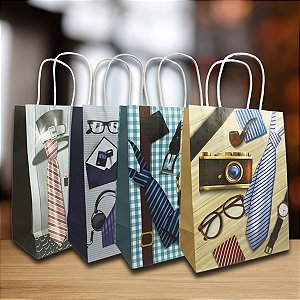 Kit 12 Sacolas de Papel para Presente Masculino 15x8x21cm