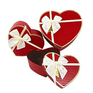 3 Caixas Coração para Presente Vermelha com Laço Decorado
