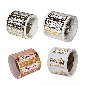 Etiqueta Adesiva para Presente Rolo com 100 Etiquetas Tema Feliz Aniversário