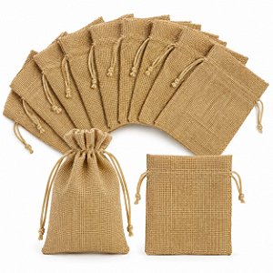 Kit com 10 Saquinhos de Juta 10x15 cm Cor Dourado com Cordão para Fechamento