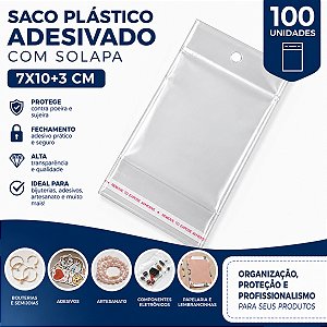 Saco Plastico Adesivado COM Solapa, 7x10+3 cm. Pacote com 100 unidades