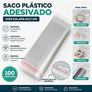 Saco Plástico Adesivado c/ Solapa 6x17 cm - 100 unidades ED0283