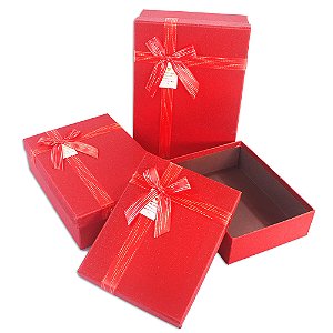 Caixa Para Presente Decorada Vermelha Kit 3Peças Laço com Bolinhas