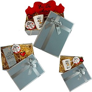 Kit 3 Caixa Para Presente Retangular Cinza Com Fio Dourado