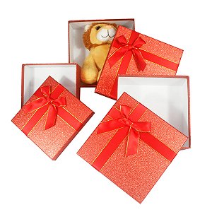 Kit com 3 Caixas Para Presente Vermelhas com Gliter Quadrada