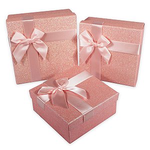 Kit com 3 Caixas De Presente Rosa Com Gliter e Laço Decorativo 3 Medidas