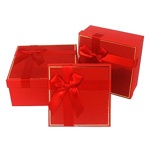 Kit 3 Peças Caixa Para Presente Vermelho Com Fio Dourado